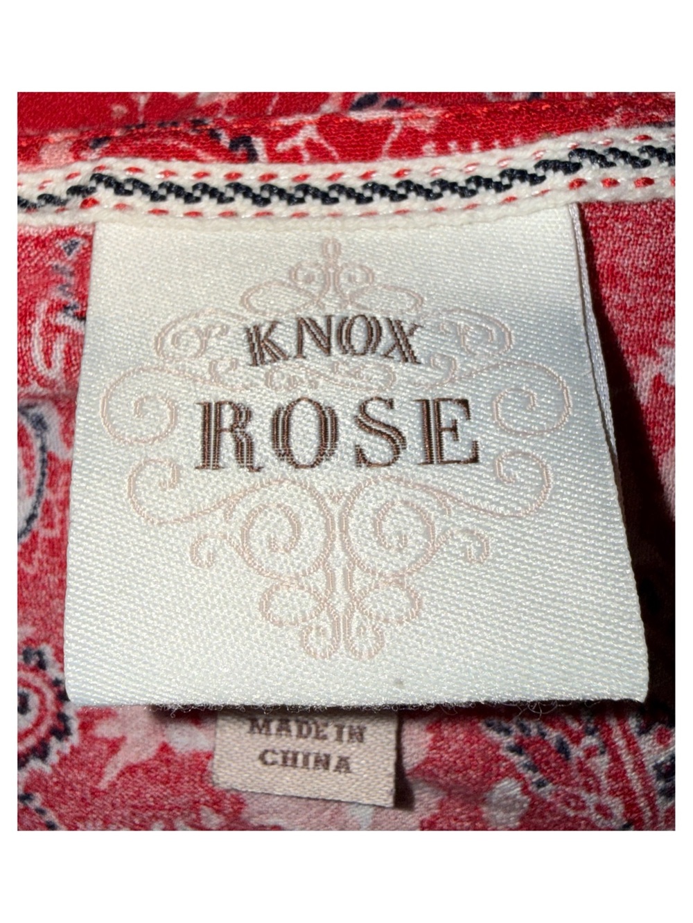 Knox Rose - Boho Red Paisley Floral Blouse Short Sleeve V‑Neck Top - Size Large - Picture 3 of 5